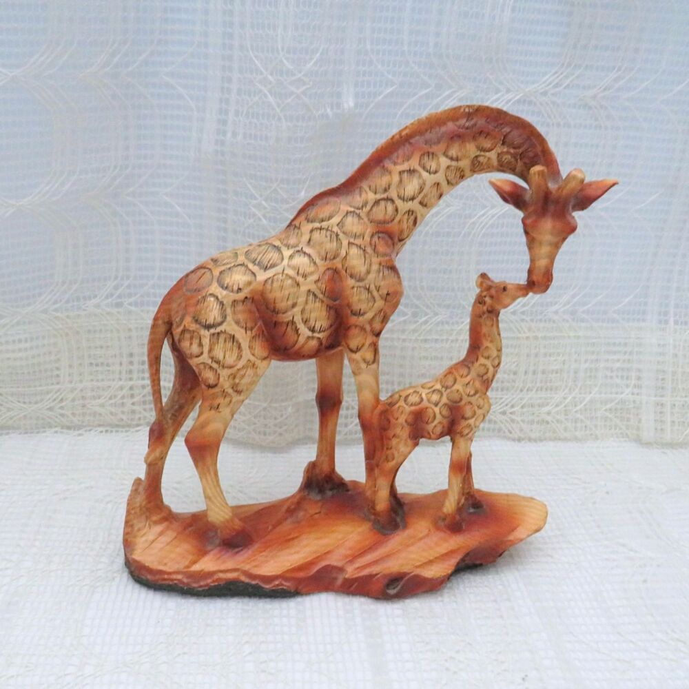 Safari Giraffe Family Statue 6.75"H Faux Wood Resin Giraffe Mother And Calf